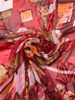 Geometric Floral And Paisley Printed Silk-Rayon Burnout Chiffon With Stones - Soft Red / Maroon / Light Olive / Orange -Fabrics And Fabrics Store 19371