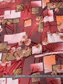 Geometric Floral And Paisley Printed Silk-Rayon Burnout Chiffon With Stones - Soft Red / Maroon / Light Olive / Orange -Fabrics And Fabrics Store 19371 4