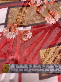 Geometric Floral And Paisley Printed Silk-Rayon Burnout Chiffon With Stones - Soft Red / Maroon / Light Olive / Orange -Fabrics And Fabrics Store 19371 5