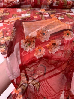 Geometric Floral And Paisley Printed Silk-Rayon Burnout Chiffon With Stones - Soft Red / Maroon / Light Olive / Orange -Fabrics And Fabrics Store 19371 7
