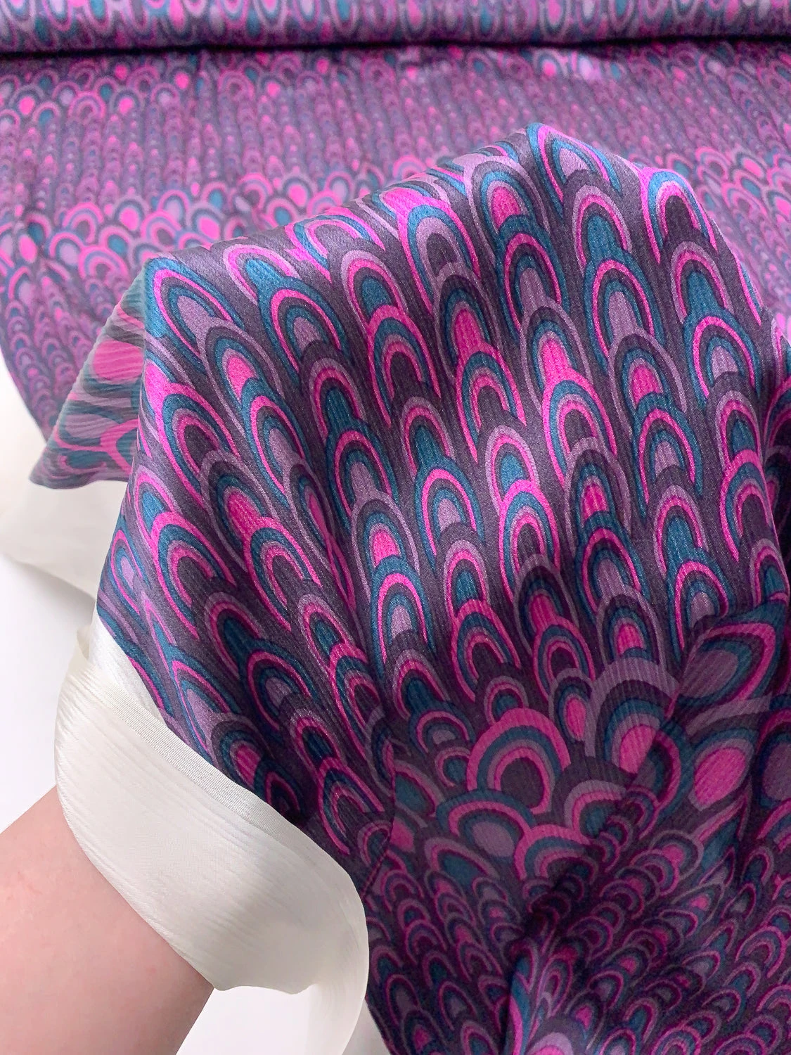 Art Deco Fish Scale Printed Crinkled Silk Charmeuse - Orchid Magenta / Purples / Teal 10 Art Deco Fish Scale Printed Crinkled Silk Charmeuse - Orchid Magenta / Purples / Teal - Image 8