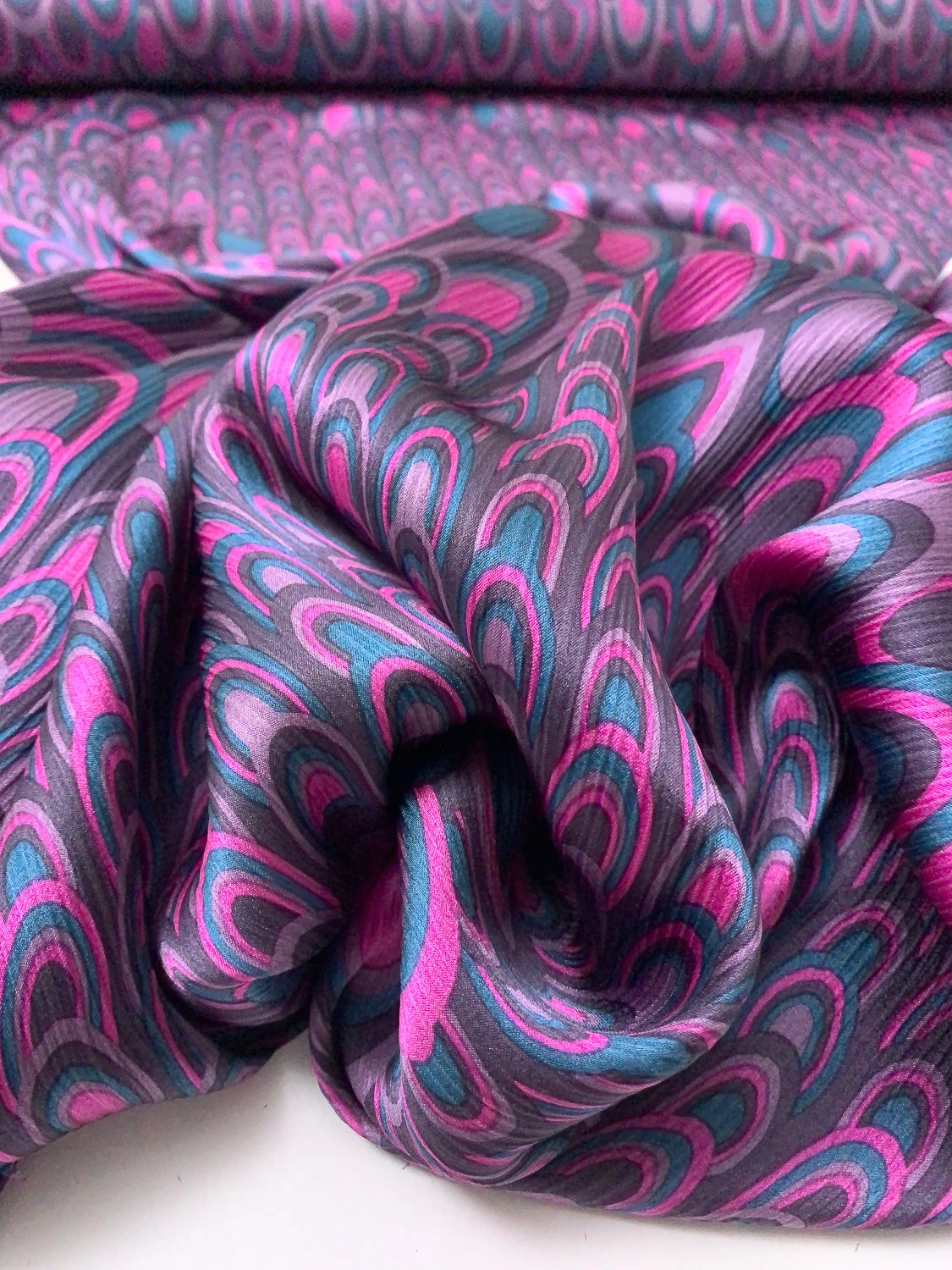 Art Deco Fish Scale Printed Crinkled Silk Charmeuse - Orchid Magenta / Purples / Teal 11 Art Deco Fish Scale Printed Crinkled Silk Charmeuse - Orchid Magenta / Purples / Teal - Image 9