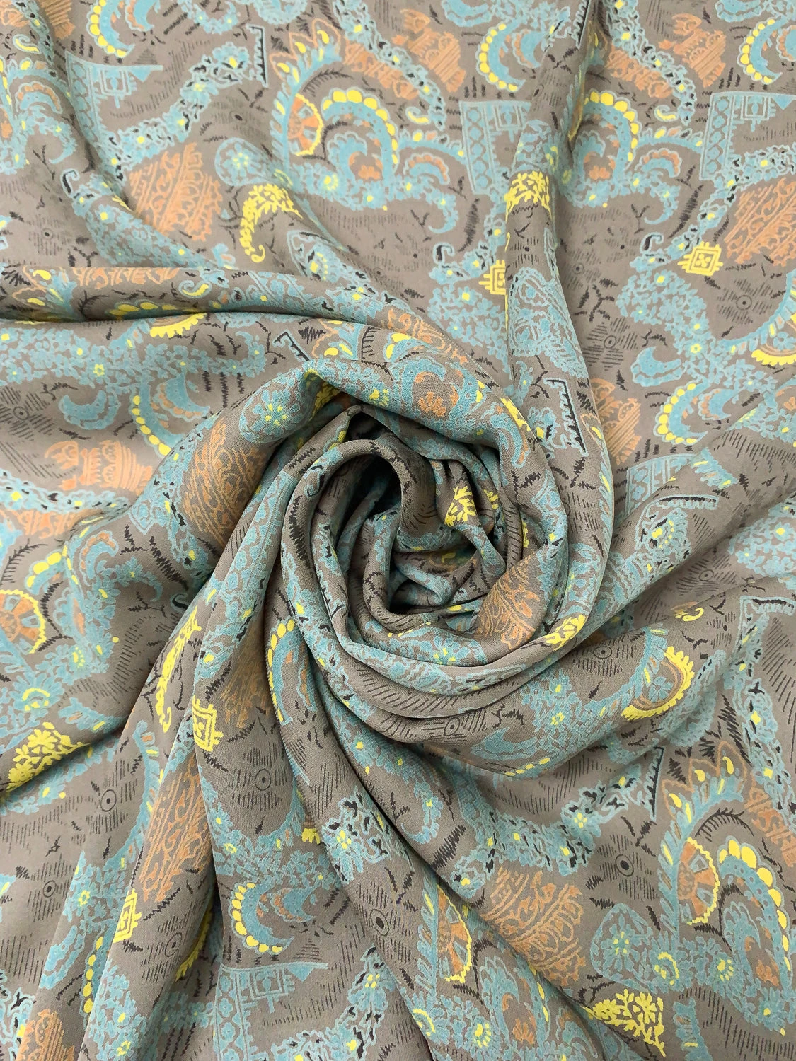 Ornate Graphic Printed Fine Silk Georgette - Taupe / Turquoise / Yellow / Orange 3 Ornate Graphic Printed Fine Silk Georgette - Taupe / Turquoise / Yellow / Orange