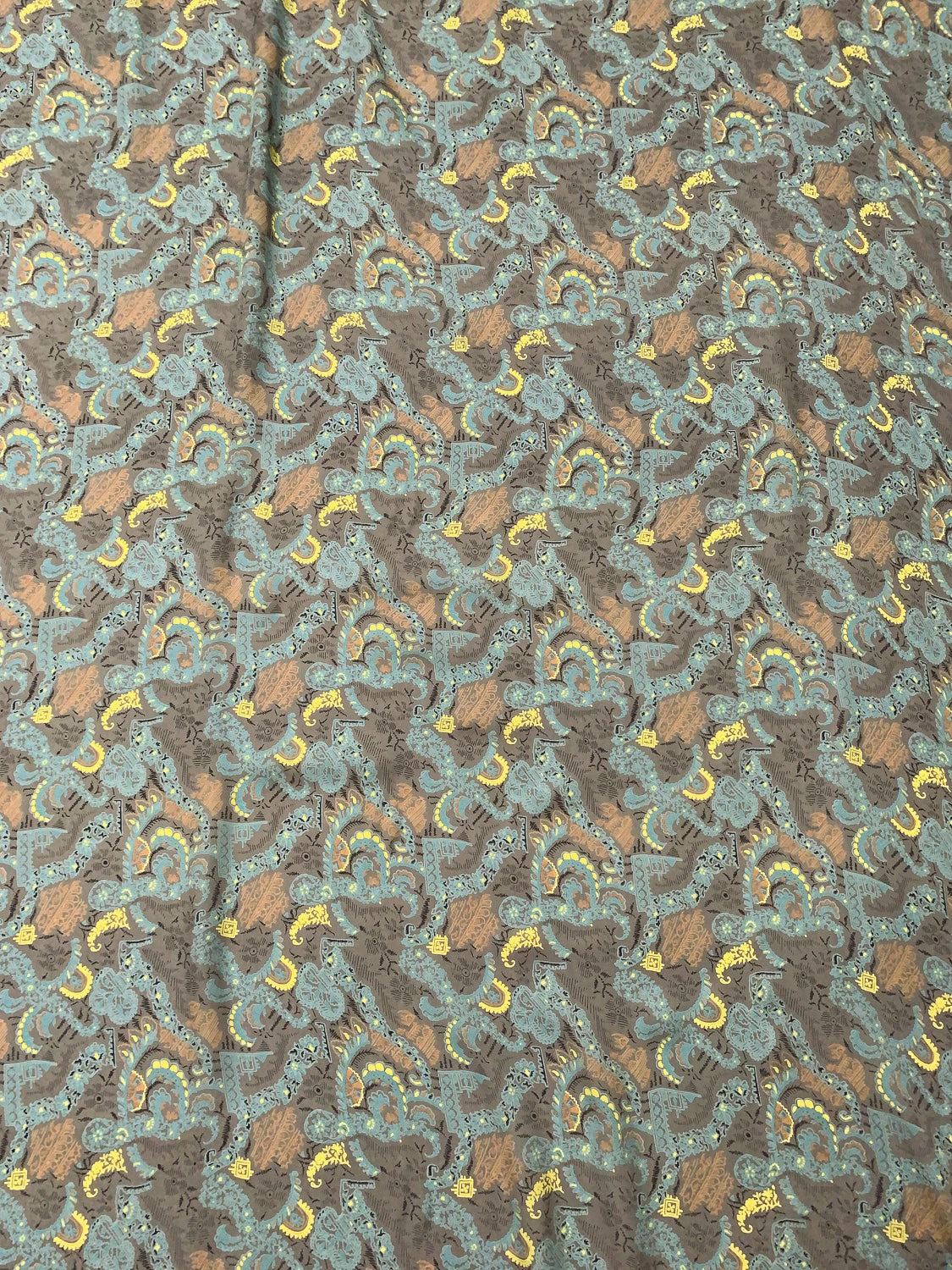 Ornate Graphic Printed Fine Silk Georgette - Taupe / Turquoise / Yellow / Orange 7 Ornate Graphic Printed Fine Silk Georgette - Taupe / Turquoise / Yellow / Orange - Image 5