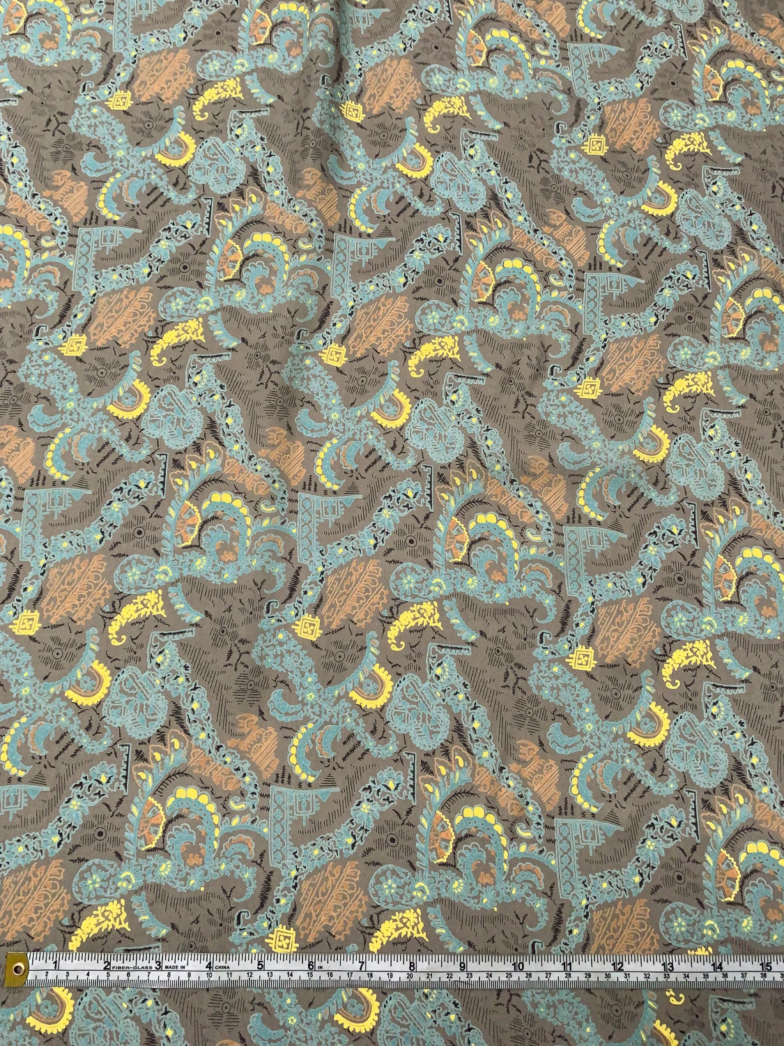 Ornate Graphic Printed Fine Silk Georgette - Taupe / Turquoise / Yellow / Orange 4 Ornate Graphic Printed Fine Silk Georgette - Taupe / Turquoise / Yellow / Orange - Image 2