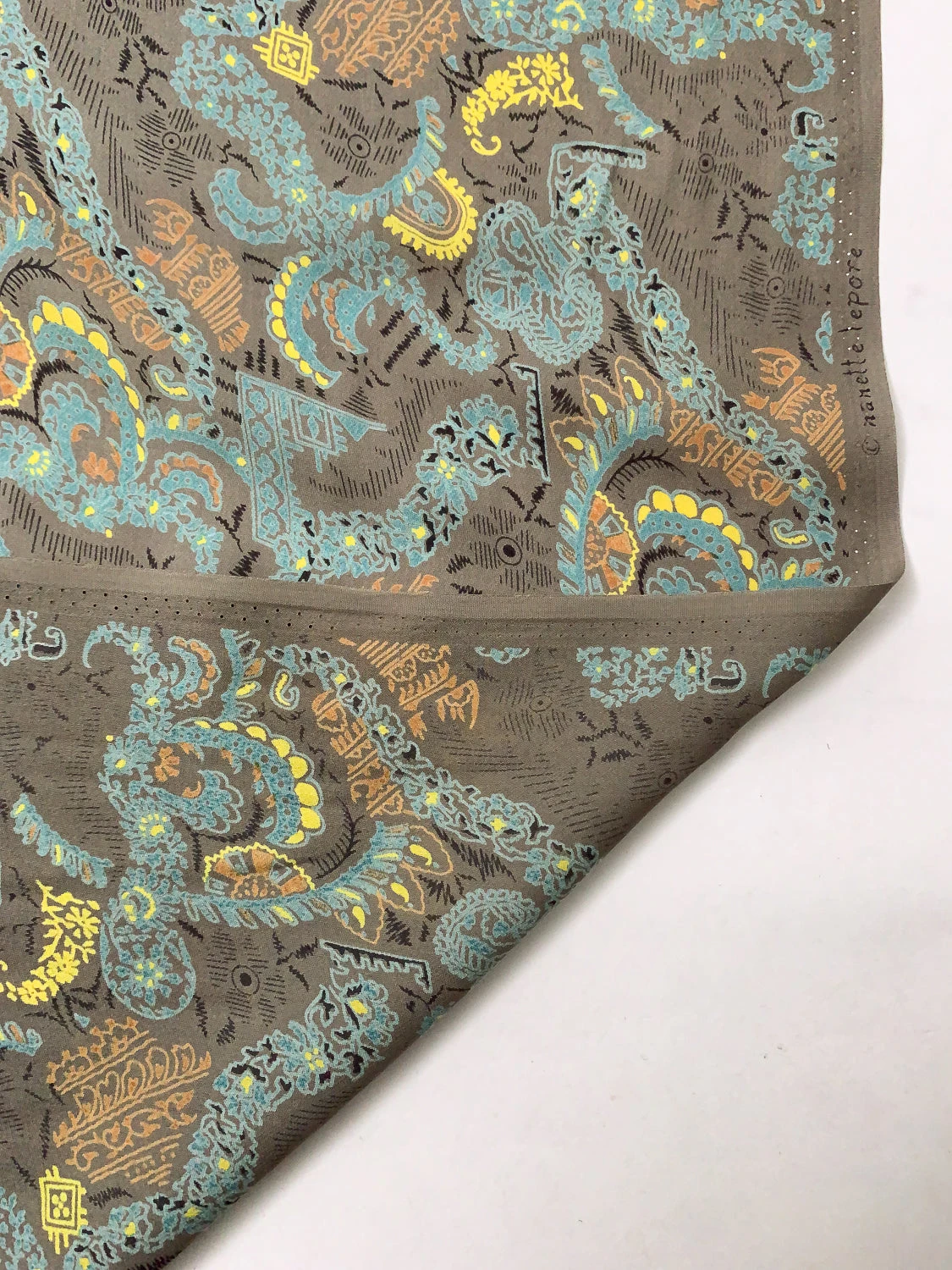 Ornate Graphic Printed Fine Silk Georgette - Taupe / Turquoise / Yellow / Orange 9 Ornate Graphic Printed Fine Silk Georgette - Taupe / Turquoise / Yellow / Orange - Image 7