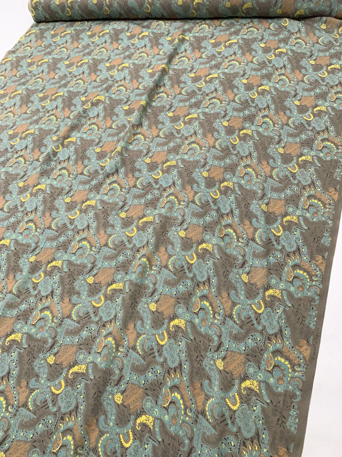 Ornate Graphic Printed Fine Silk Georgette - Taupe / Turquoise / Yellow / Orange 10 Ornate Graphic Printed Fine Silk Georgette - Taupe / Turquoise / Yellow / Orange - Image 8