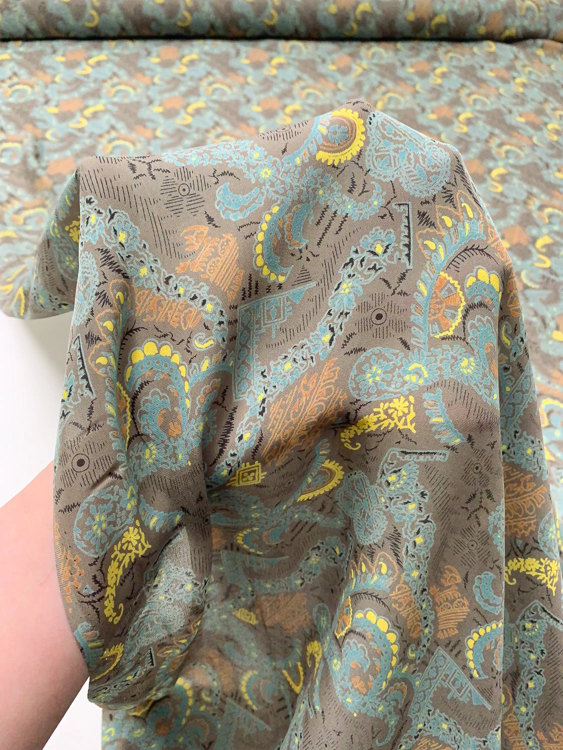 Ornate Graphic Printed Fine Silk Georgette - Taupe / Turquoise / Yellow / Orange 11 Ornate Graphic Printed Fine Silk Georgette - Taupe / Turquoise / Yellow / Orange - Image 9