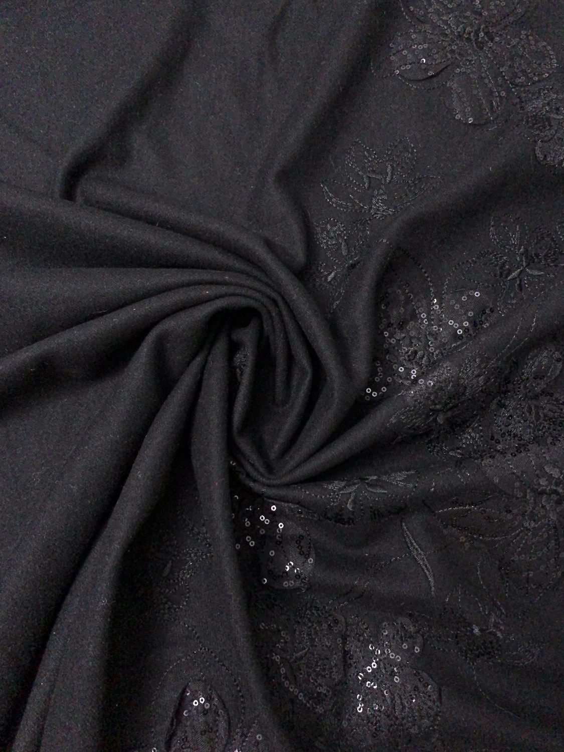 Wool Blend Flannel With Embellished Border - Black 3 Wool Blend Flannel With Embellished Border - Black