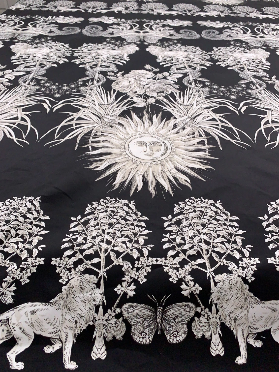 Lions Snakes And Floral Medallions Printed Cotton Sateen Panel - Black / White / Beige 4 Lions Snakes And Floral Medallions Printed Cotton Sateen Panel - Black / White / Beige - Image 2