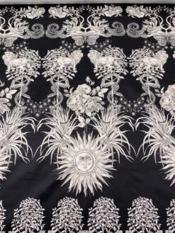 Lions Snakes And Floral Medallions Printed Cotton Sateen Panel - Black / White / Beige