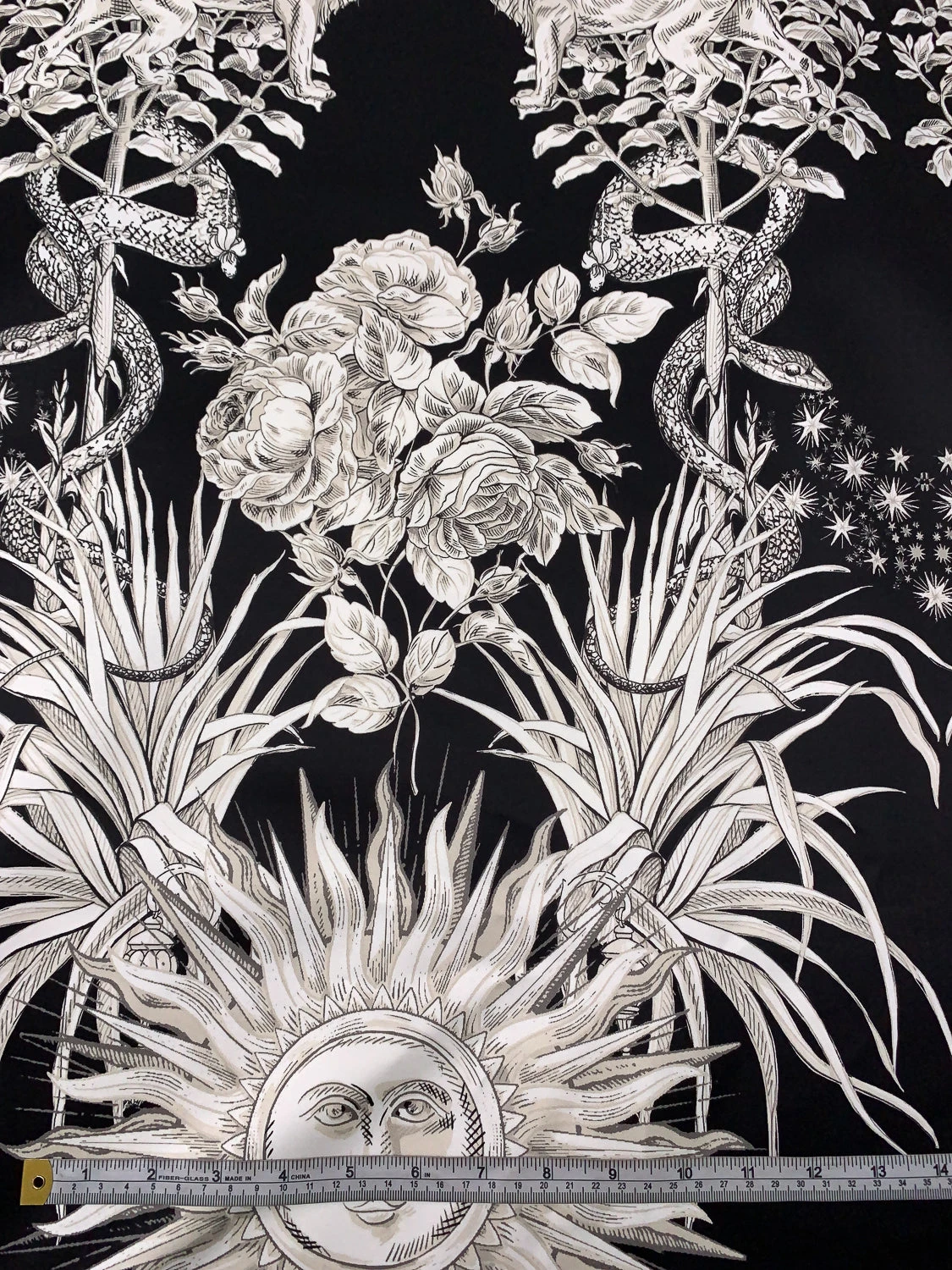 Lions Snakes And Floral Medallions Printed Cotton Sateen Panel - Black / White / Beige 8 Lions Snakes And Floral Medallions Printed Cotton Sateen Panel - Black / White / Beige - Image 6