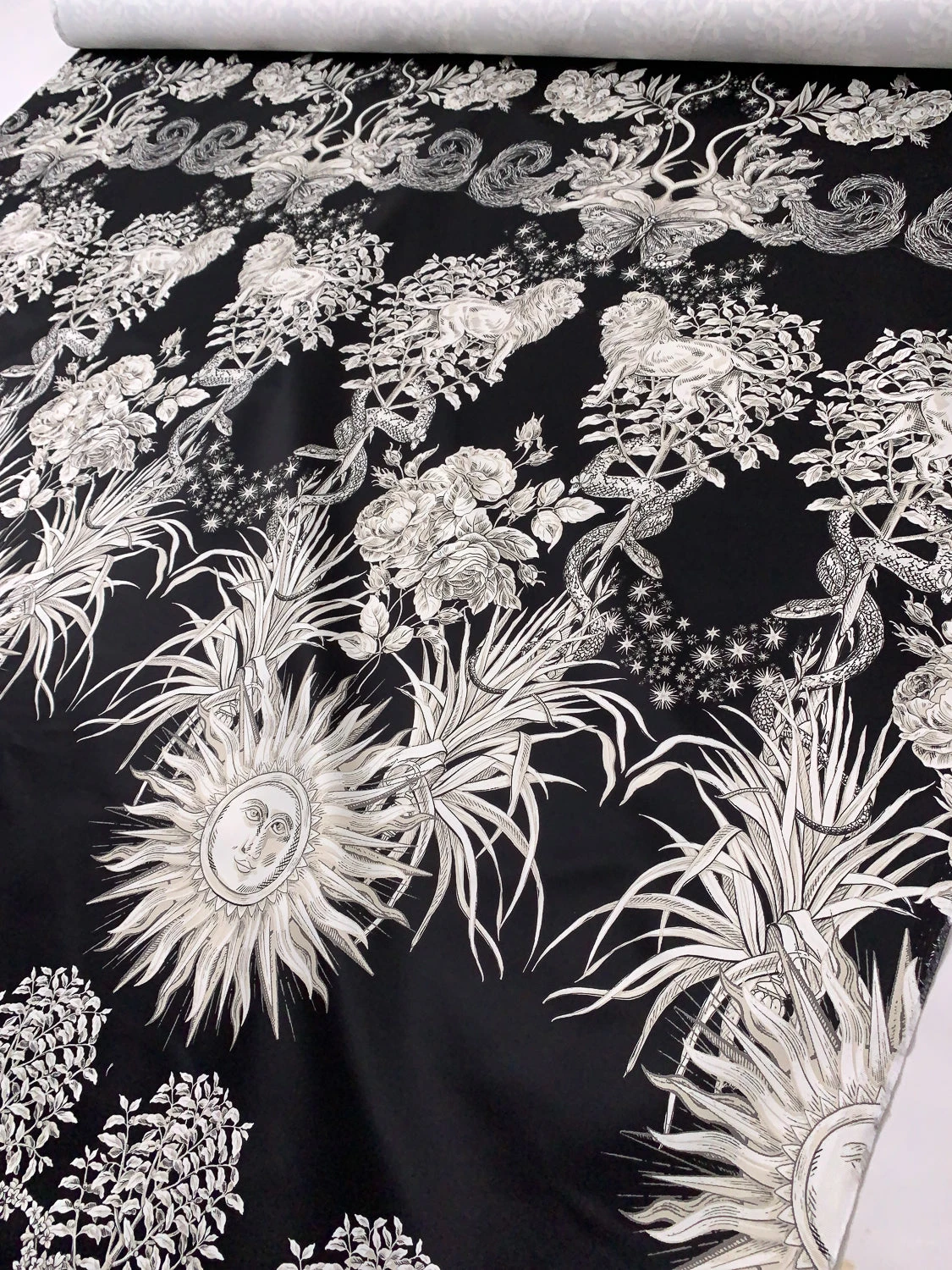 Lions Snakes And Floral Medallions Printed Cotton Sateen Panel - Black / White / Beige 11 Lions Snakes And Floral Medallions Printed Cotton Sateen Panel - Black / White / Beige - Image 9