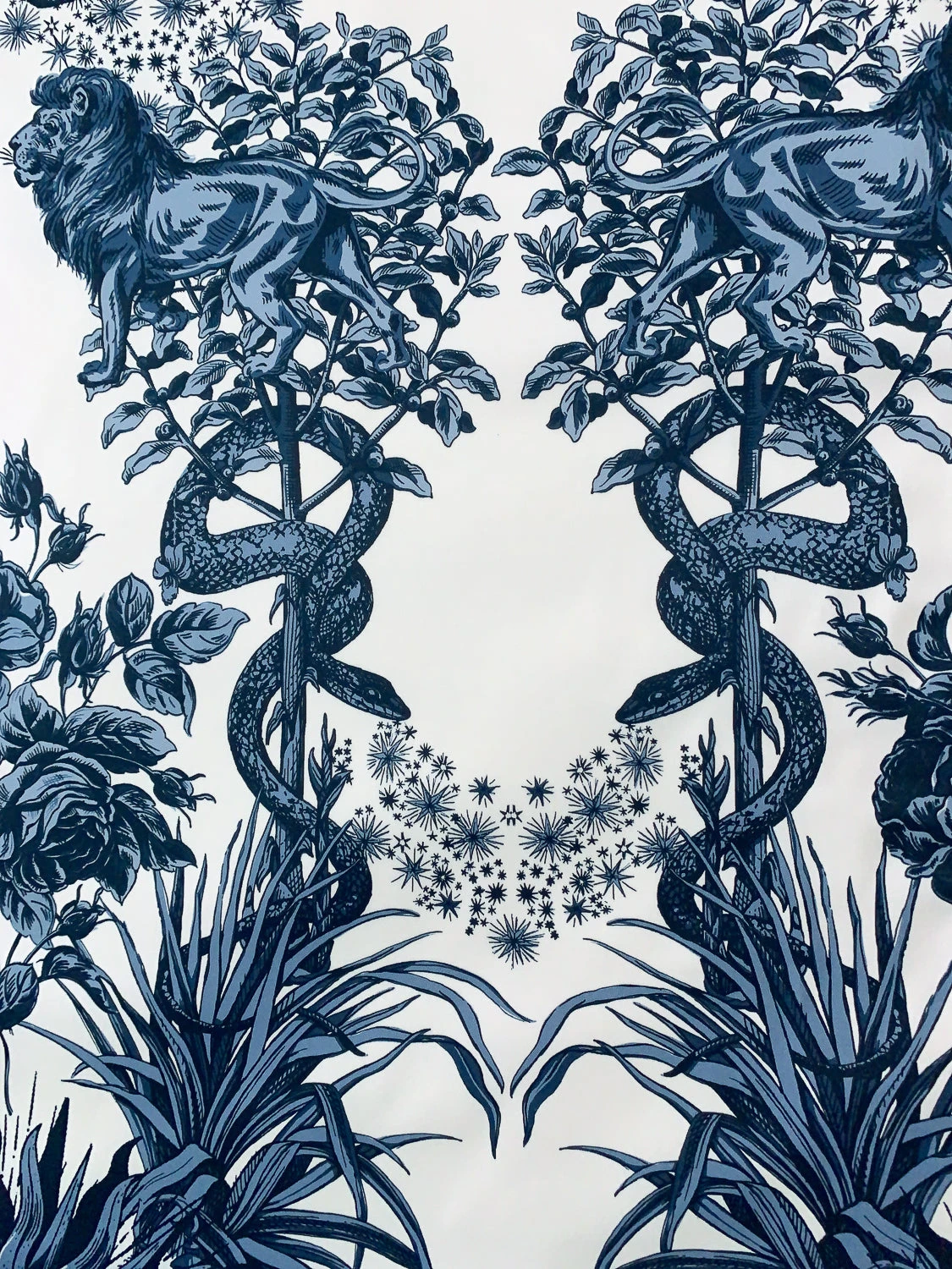 Lions Snakes And Floral Medallions Printed Cotton Sateen Panel - Blue / Off-White 3 Lions Snakes And Floral Medallions Printed Cotton Sateen Panel - Blue / Off-White