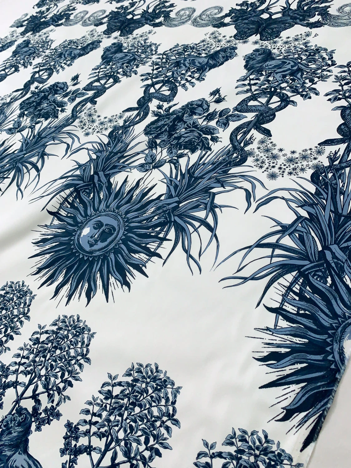 Lions Snakes And Floral Medallions Printed Cotton Sateen Panel - Blue / Off-White 4 Lions Snakes And Floral Medallions Printed Cotton Sateen Panel - Blue / Off-White - Image 2