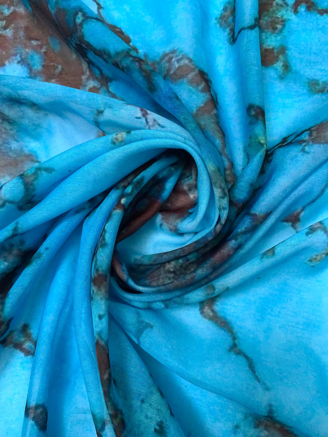Italian Marble Inspired Printed Silk-Cotton Voile - Turquoise Blue / Dark Brown 5 Italian Marble Inspired Printed Silk-Cotton Voile - Turquoise Blue / Dark Brown - Image 3