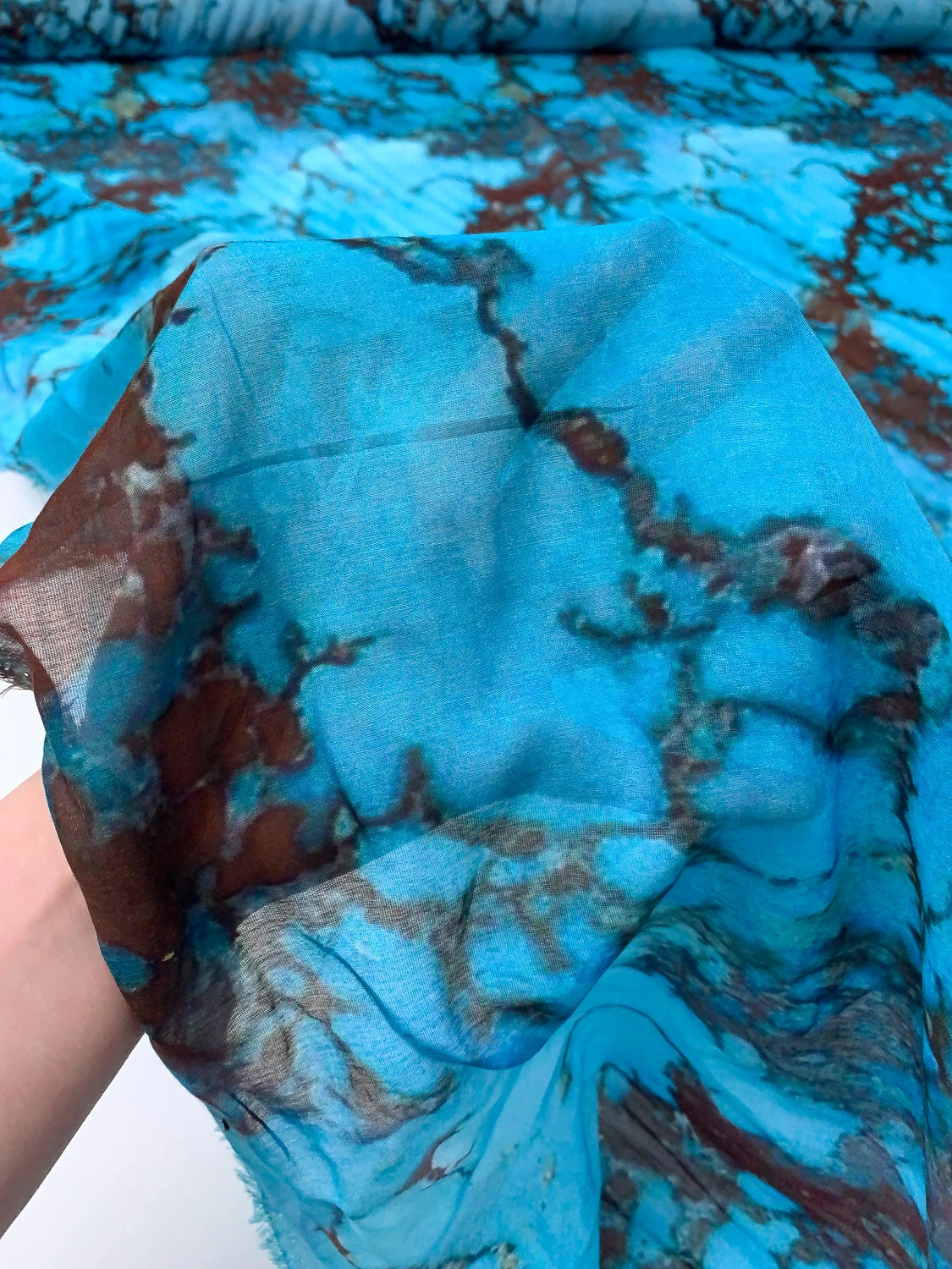 Italian Marble Inspired Printed Silk-Cotton Voile - Turquoise Blue / Dark Brown 10 Italian Marble Inspired Printed Silk-Cotton Voile - Turquoise Blue / Dark Brown - Image 8
