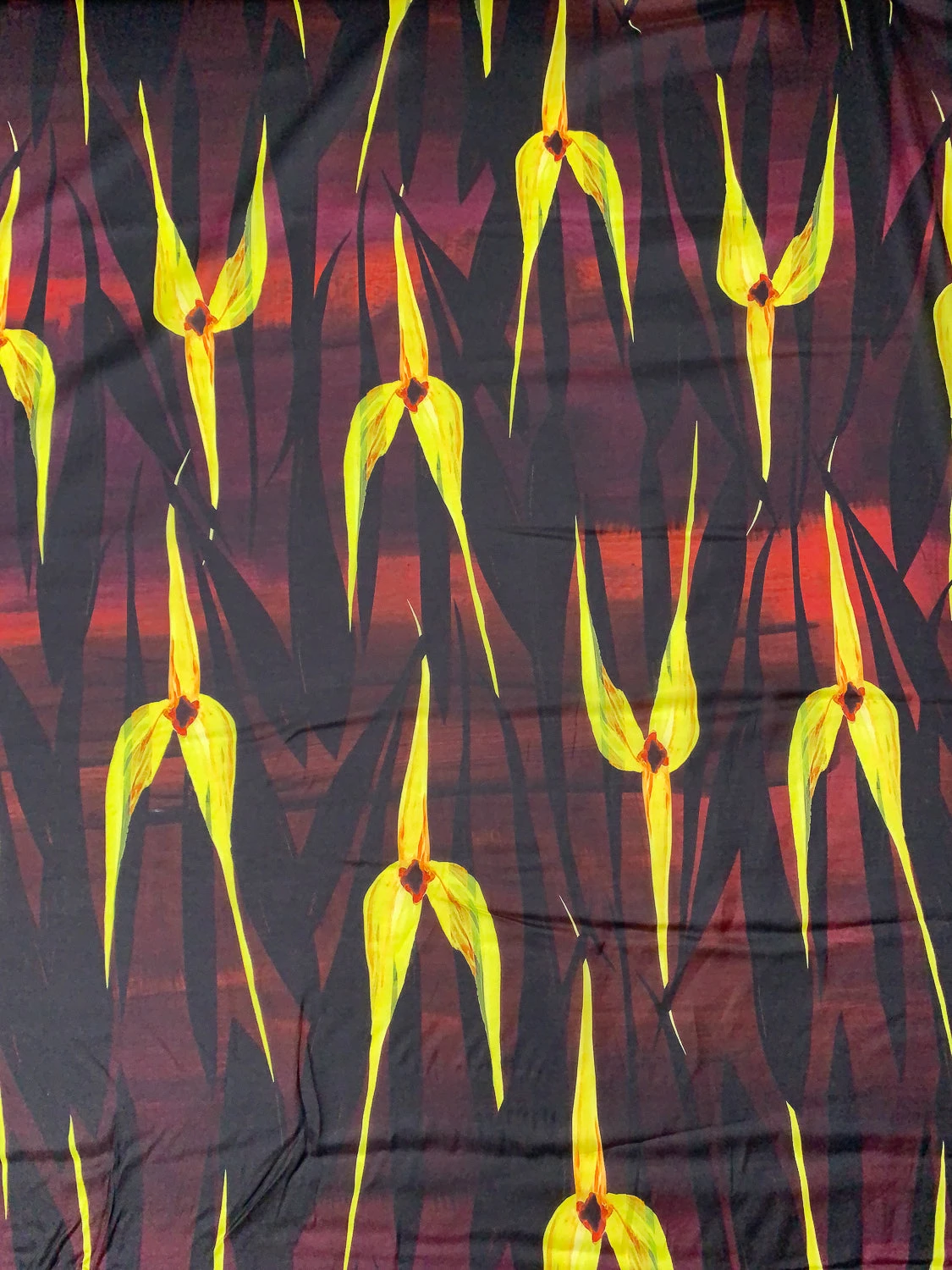 Italian Elongated Floral Petals Printed Silk-Cotton Challis - Yellow / Maroon / Orange / Black 3 Italian Elongated Floral Petals Printed Silk-Cotton Challis - Yellow / Maroon / Orange / Black