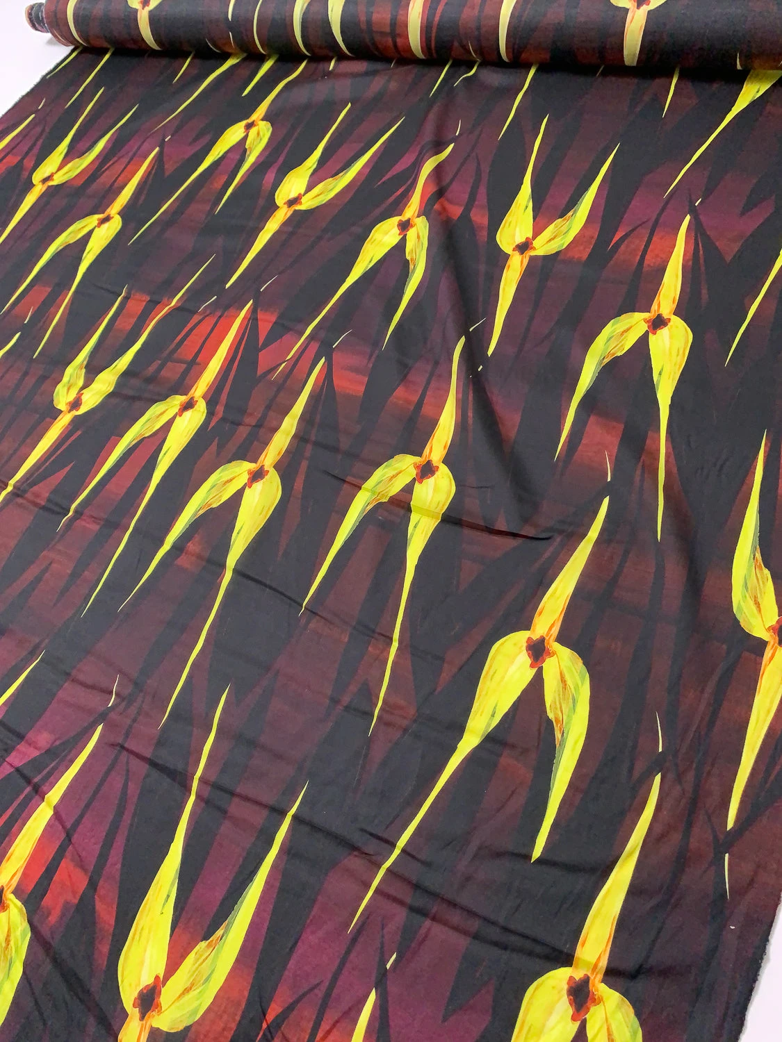 Italian Elongated Floral Petals Printed Silk-Cotton Challis - Yellow / Maroon / Orange / Black 4 Italian Elongated Floral Petals Printed Silk-Cotton Challis - Yellow / Maroon / Orange / Black - Image 2