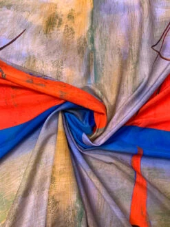 Italian Abstract Frames Printed Silk-Cotton Lawn Voile With Light Shantung Weave Panel - Hot Orange / Blue / Lavender -Fabrics And Fabrics Store 19625 2