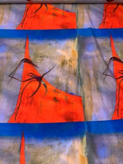 Italian Abstract Frames Printed Silk-Cotton Lawn Voile With Light Shantung Weave Panel - Hot Orange / Blue / Lavender