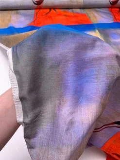 Italian Abstract Frames Printed Silk-Cotton Lawn Voile With Light Shantung Weave Panel - Hot Orange / Blue / Lavender -Fabrics And Fabrics Store 19625 9