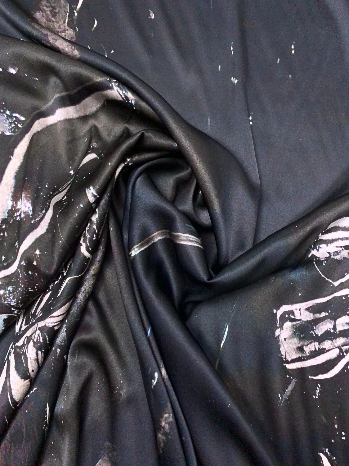 Italian Dark Abstract Printed Stretch Silk Charmeuse Panel - Black / Grey / Smokey Green 3 Italian Dark Abstract Printed Stretch Silk Charmeuse Panel - Black / Grey / Smokey Green