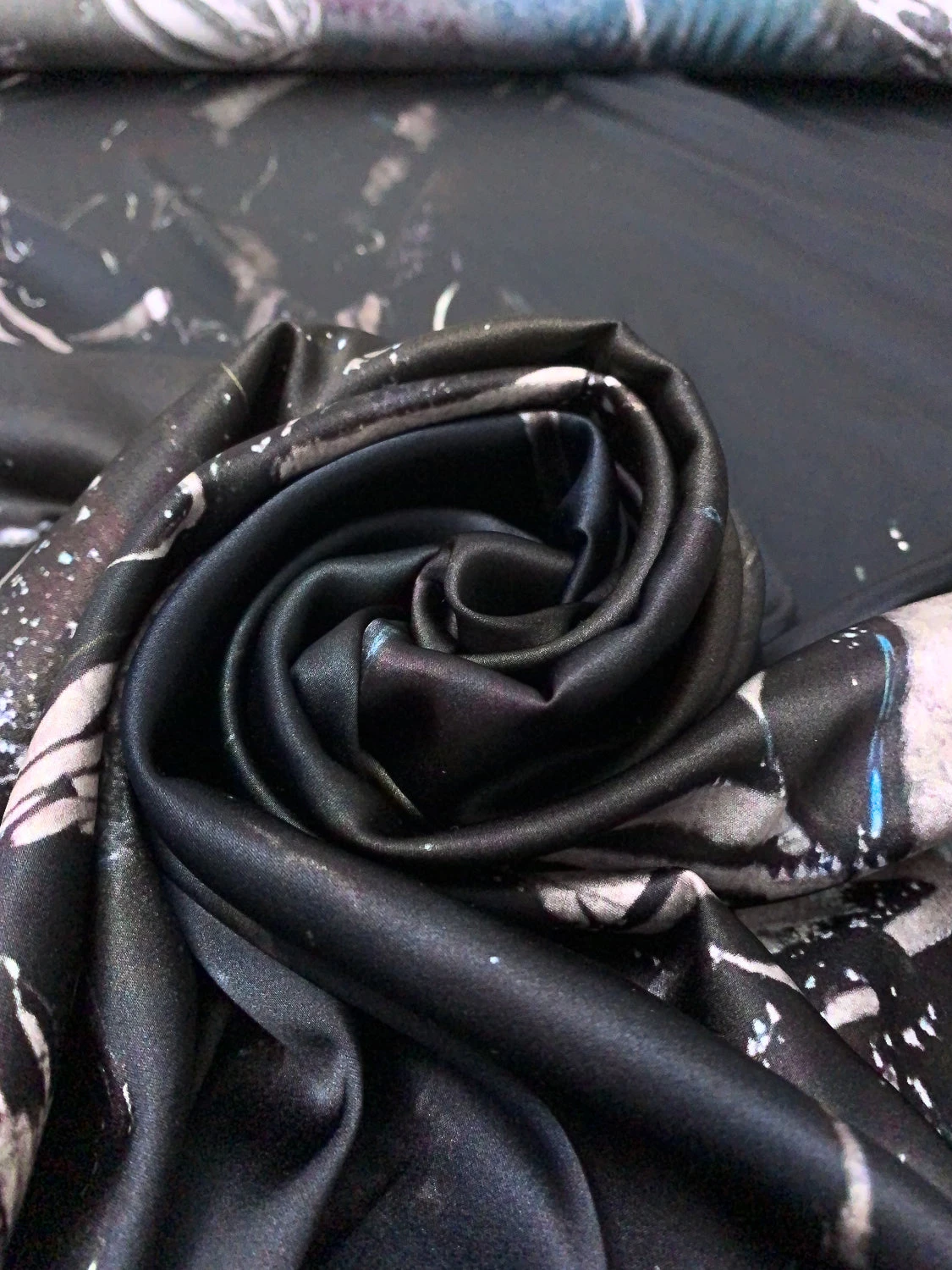 Italian Dark Abstract Printed Stretch Silk Charmeuse Panel - Black / Grey / Smokey Green 6 Italian Dark Abstract Printed Stretch Silk Charmeuse Panel - Black / Grey / Smokey Green - Image 4