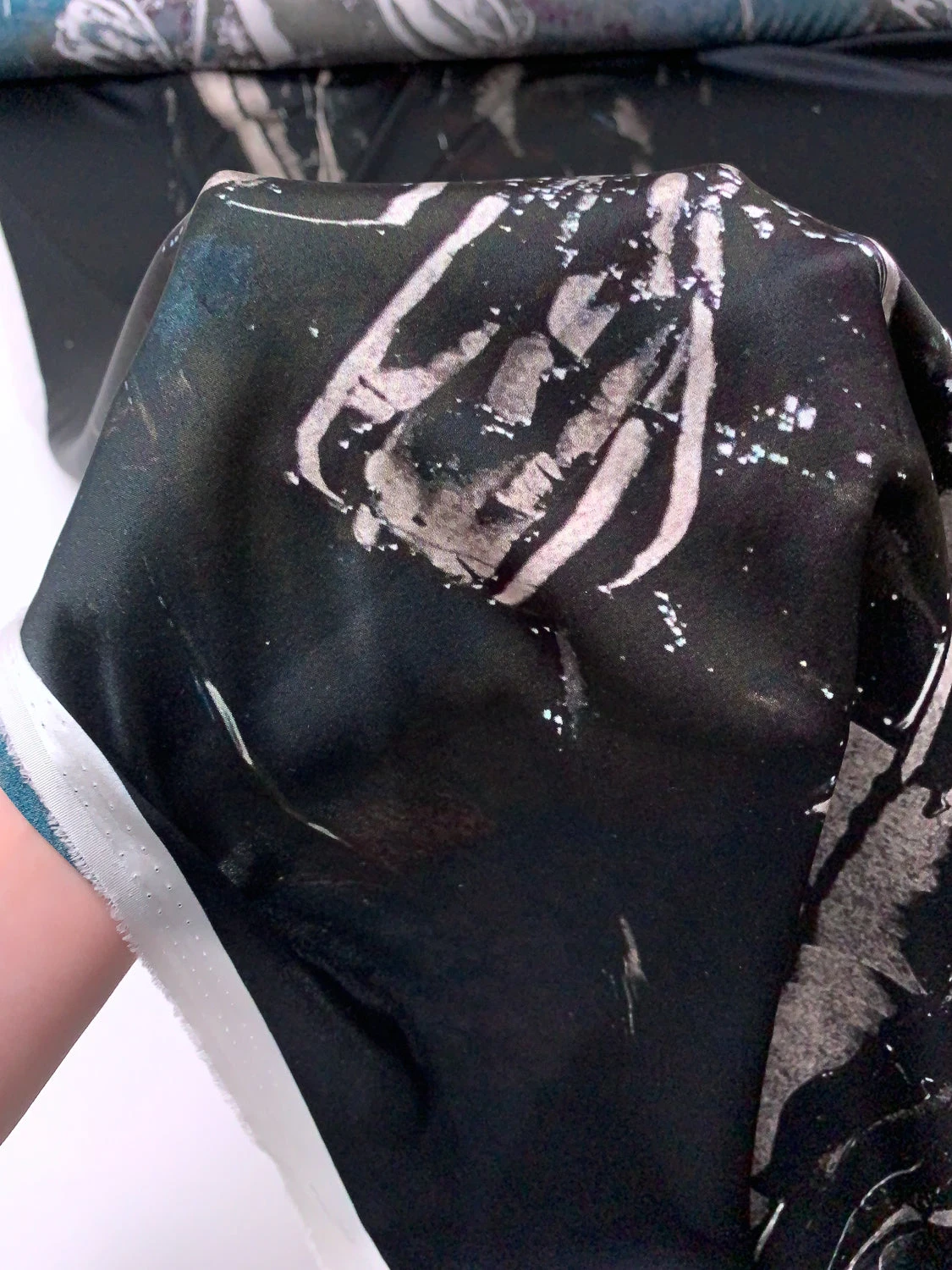 Italian Dark Abstract Printed Stretch Silk Charmeuse Panel - Black / Grey / Smokey Green 11 Italian Dark Abstract Printed Stretch Silk Charmeuse Panel - Black / Grey / Smokey Green - Image 9