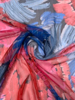 Brushstroke Floral Printed Crinkled Silk Chiffon With Lurex Pinstripes - Blues / Pinks / Red / Black / Silver -Fabrics And Fabrics Store 19719 2