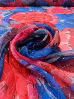 Brushstroke Floral Printed Crinkled Silk Chiffon With Lurex Pinstripes - Blues / Pinks / Red / Black / Silver -Fabrics And Fabrics Store 19719 3