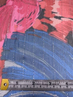 Brushstroke Floral Printed Crinkled Silk Chiffon With Lurex Pinstripes - Blues / Pinks / Red / Black / Silver -Fabrics And Fabrics Store 19719 6