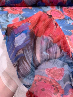 Brushstroke Floral Printed Crinkled Silk Chiffon With Lurex Pinstripes - Blues / Pinks / Red / Black / Silver -Fabrics And Fabrics Store 19719 9