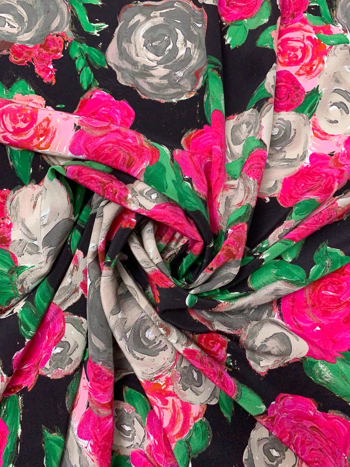 Painterly Floral Printed Silk Crepe De Chine - Magenta / Green / Smokey Taupe / Black 5 Painterly Floral Printed Silk Crepe De Chine - Magenta / Green / Smokey Taupe / Black - Image 3