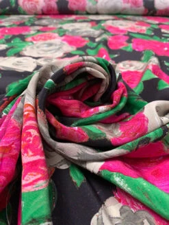 Painterly Floral Printed Silk Crepe De Chine - Magenta / Green / Smokey Taupe / Black 15 Painterly Floral Printed Silk Crepe De Chine - Magenta / Green / Smokey Taupe / Black -Fabrics And Fabrics Store 19766 3