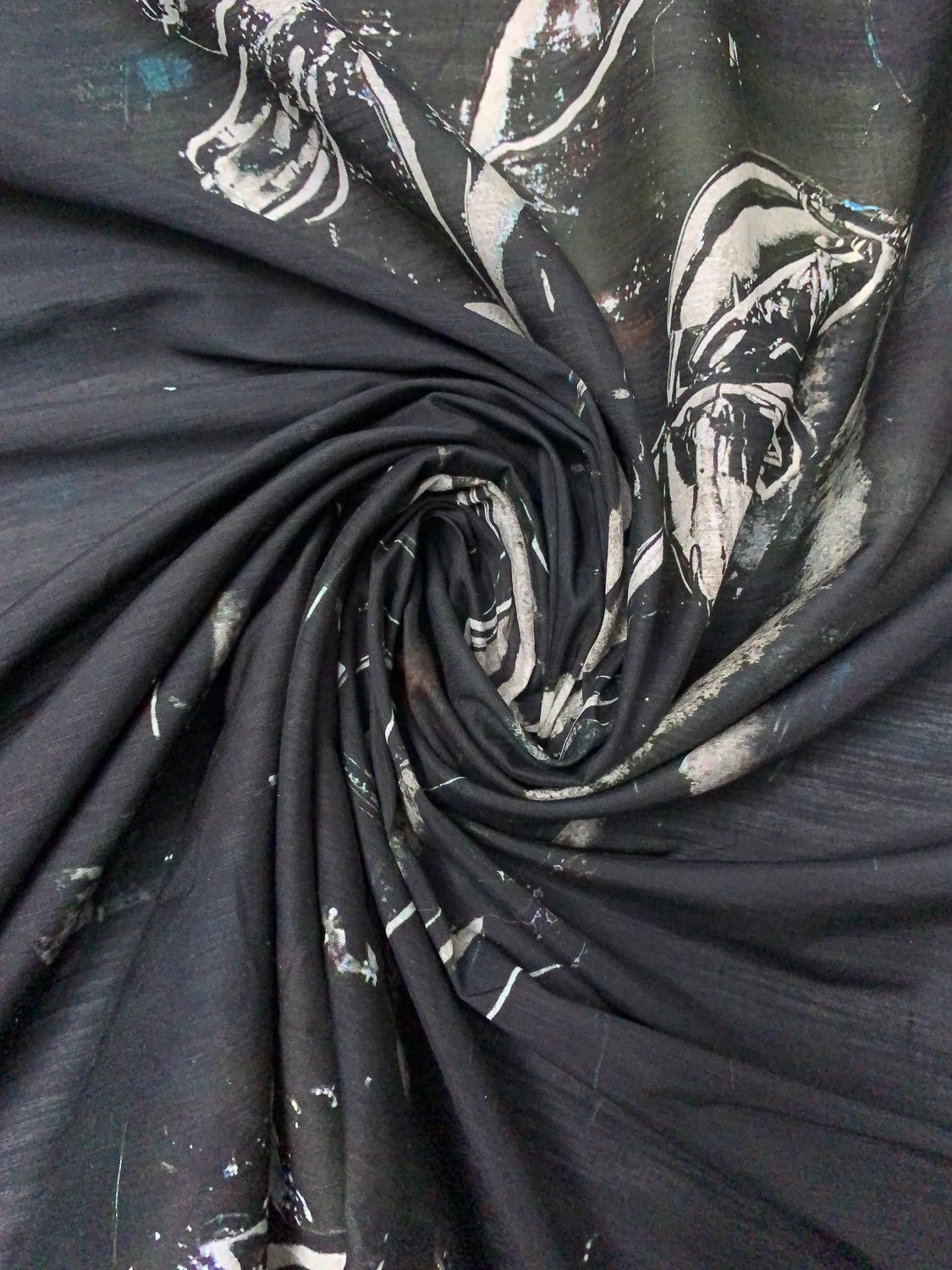 Italian Dark Abstract Printed Silk-Cotton Lawn Voile With Slight Shantung Weave - Black / Navy / Dark Olive / Off-White 6 Italian Dark Abstract Printed Silk-Cotton Lawn Voile With Slight Shantung Weave - Black / Navy / Dark Olive / Off-White - Image 4