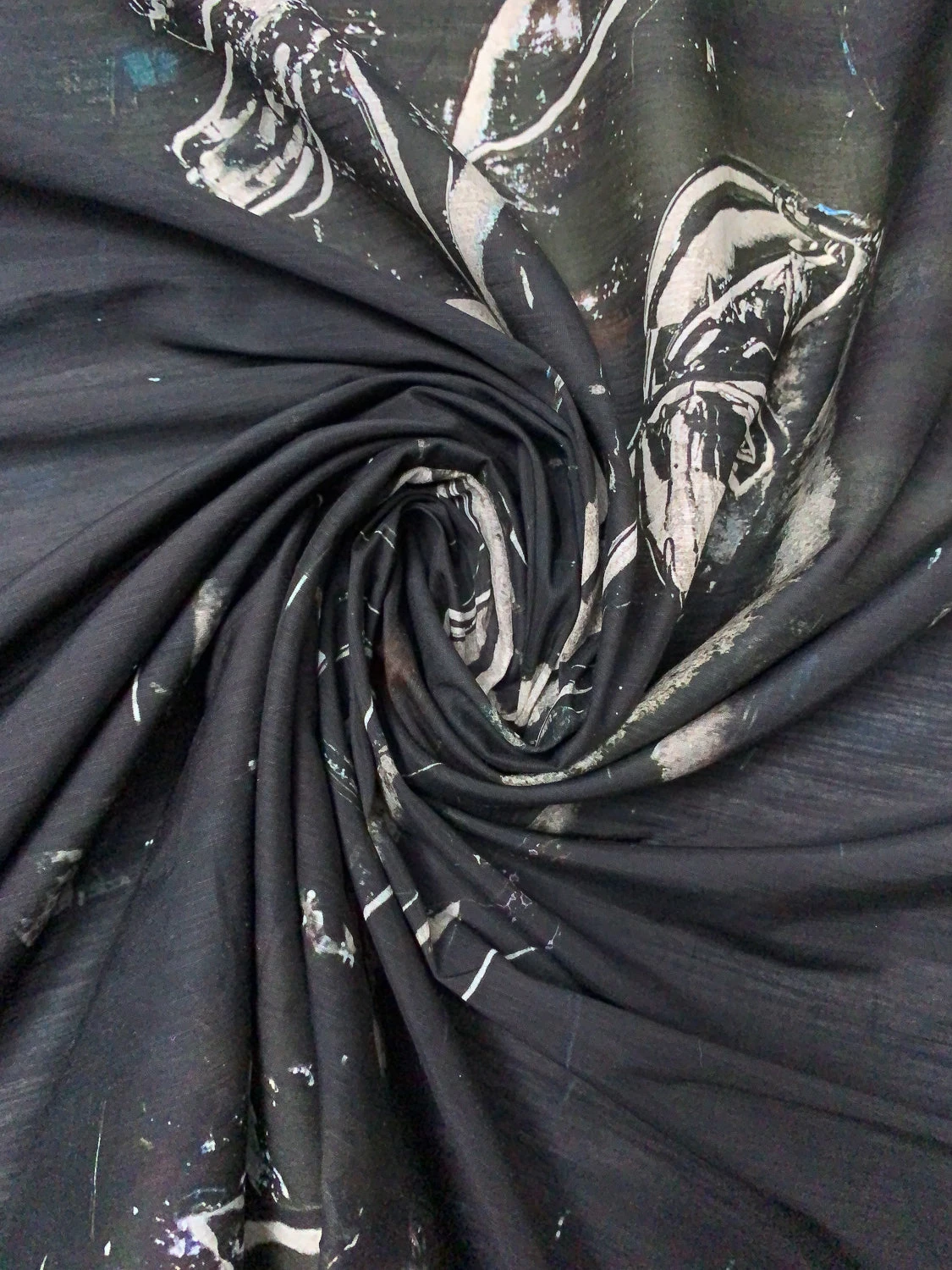 Italian Dark Abstract Printed Silk-Cotton Lawn Voile With Slight Shantung Weave - Black / Navy / Dark Olive / Off-White 5 Italian Dark Abstract Printed Silk-Cotton Lawn Voile With Slight Shantung Weave - Black / Navy / Dark Olive / Off-White - Image 3