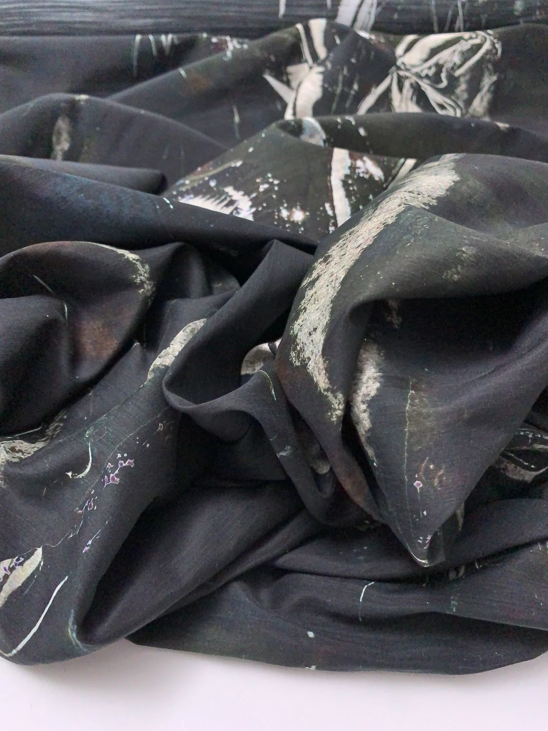 Italian Dark Abstract Printed Silk-Cotton Lawn Voile With Slight Shantung Weave - Black / Navy / Dark Olive / Off-White 11 Italian Dark Abstract Printed Silk-Cotton Lawn Voile With Slight Shantung Weave - Black / Navy / Dark Olive / Off-White - Image 9