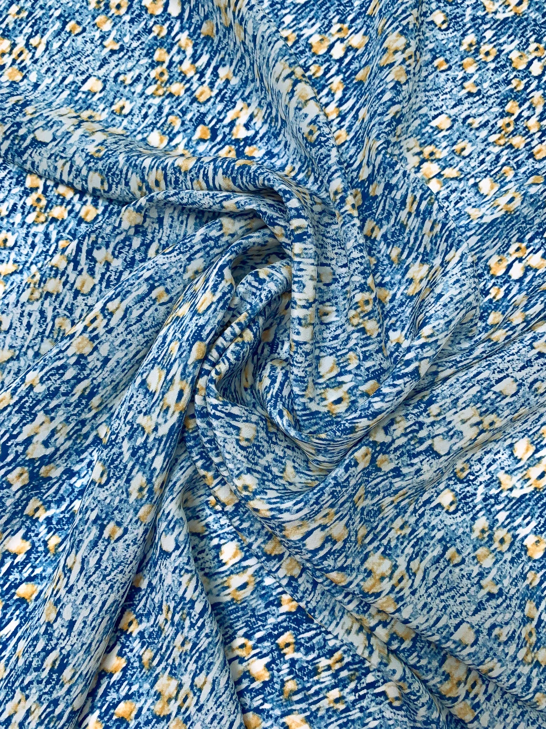Hazy Abstract Printed Silk Crepe De Chine - Blue / Off-White / Dusty Marigold 5 Hazy Abstract Printed Silk Crepe De Chine - Blue / Off-White / Dusty Marigold - Image 3