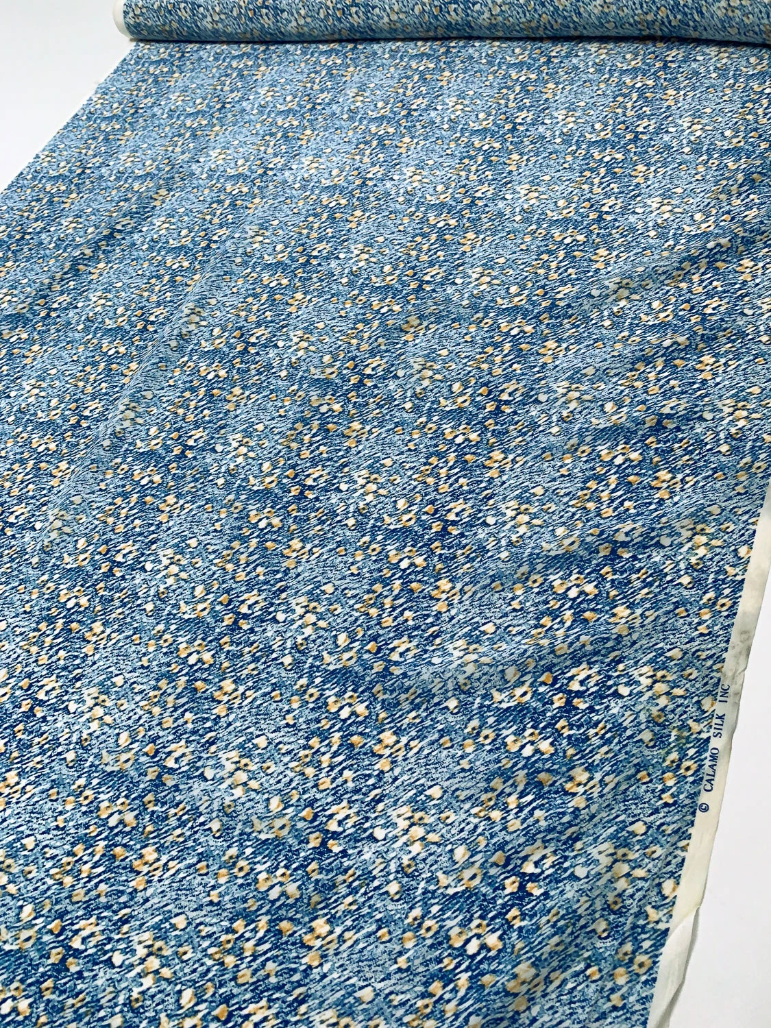 Hazy Abstract Printed Silk Crepe De Chine - Blue / Off-White / Dusty Marigold 10 Hazy Abstract Printed Silk Crepe De Chine - Blue / Off-White / Dusty Marigold - Image 8