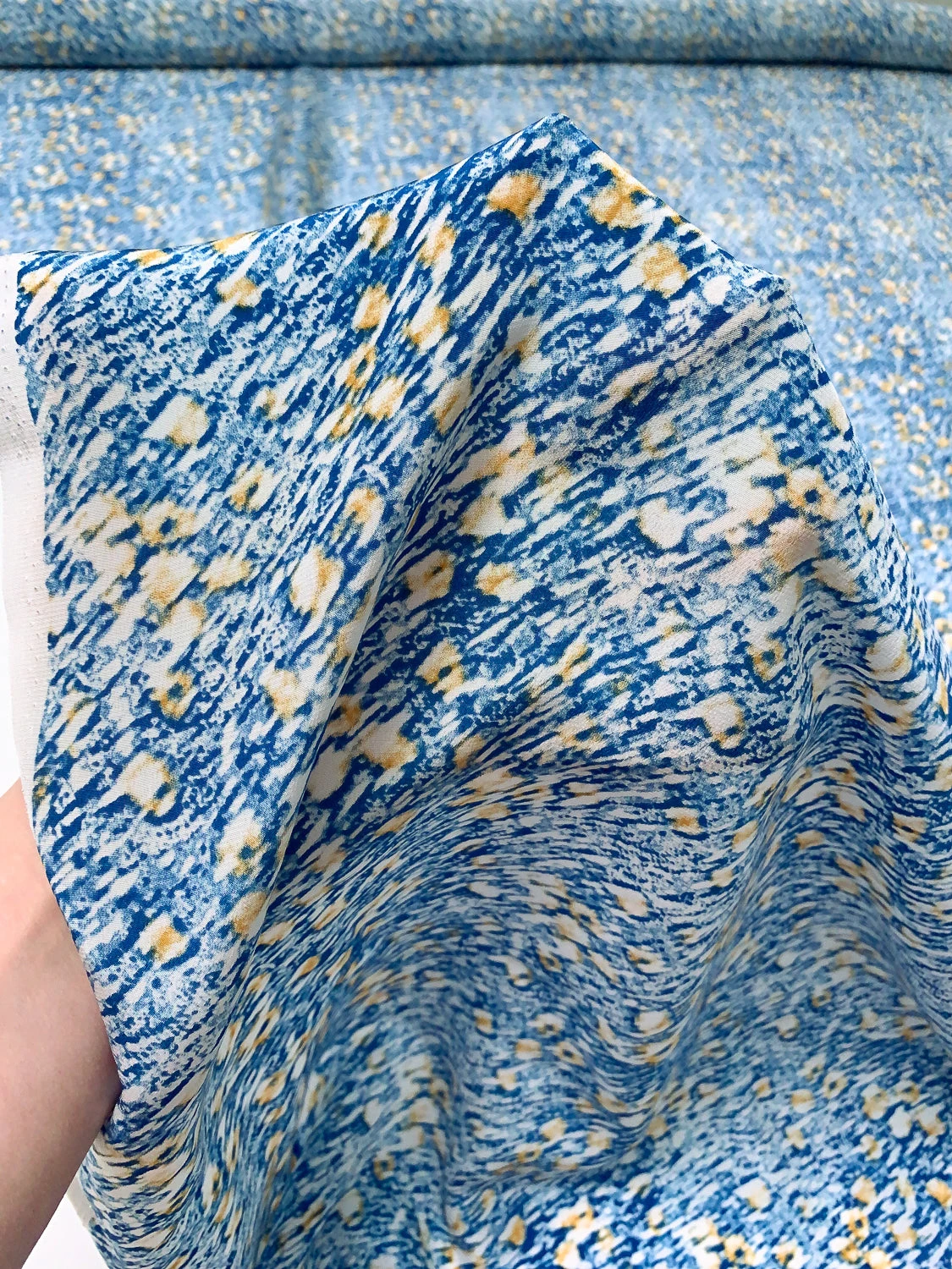 Hazy Abstract Printed Silk Crepe De Chine - Blue / Off-White / Dusty Marigold 4 Hazy Abstract Printed Silk Crepe De Chine - Blue / Off-White / Dusty Marigold - Image 2
