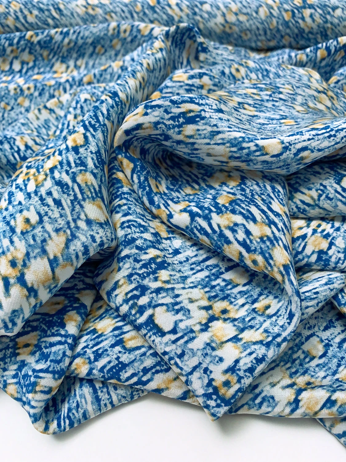Hazy Abstract Printed Silk Crepe De Chine - Blue / Off-White / Dusty Marigold 11 Hazy Abstract Printed Silk Crepe De Chine - Blue / Off-White / Dusty Marigold - Image 9