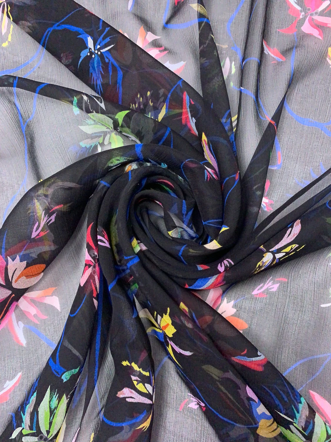 Floral Vine Printed Crinkled Silk Chiffon - Black / Blue / Multicolor 5 Floral Vine Printed Crinkled Silk Chiffon - Black / Blue / Multicolor - Image 3
