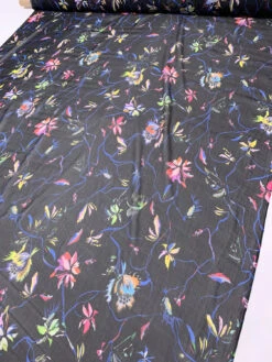 Floral Vine Printed Crinkled Silk Chiffon - Black / Blue / Multicolor