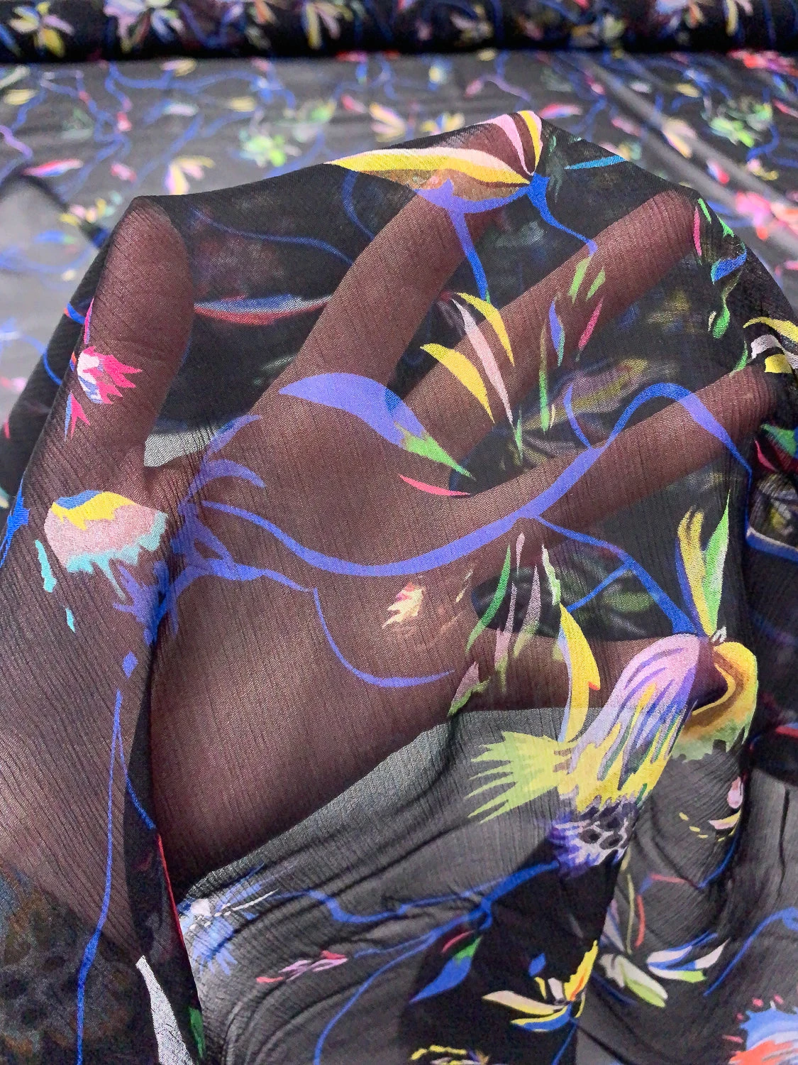 Floral Vine Printed Crinkled Silk Chiffon - Black / Blue / Multicolor 11 Floral Vine Printed Crinkled Silk Chiffon - Black / Blue / Multicolor - Image 9