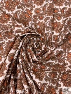Italian Ornate Vines Printed Cotton Lawn - Tan / Orange / Maroon / Off-White
