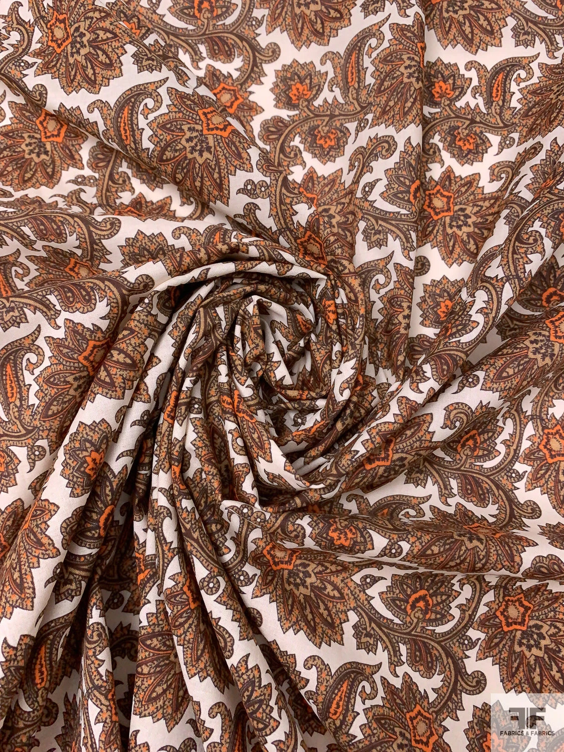 Italian Ornate Vines Printed Cotton Lawn - Tan / Orange / Maroon / Off-White 3 Italian Ornate Vines Printed Cotton Lawn - Tan / Orange / Maroon / Off-White