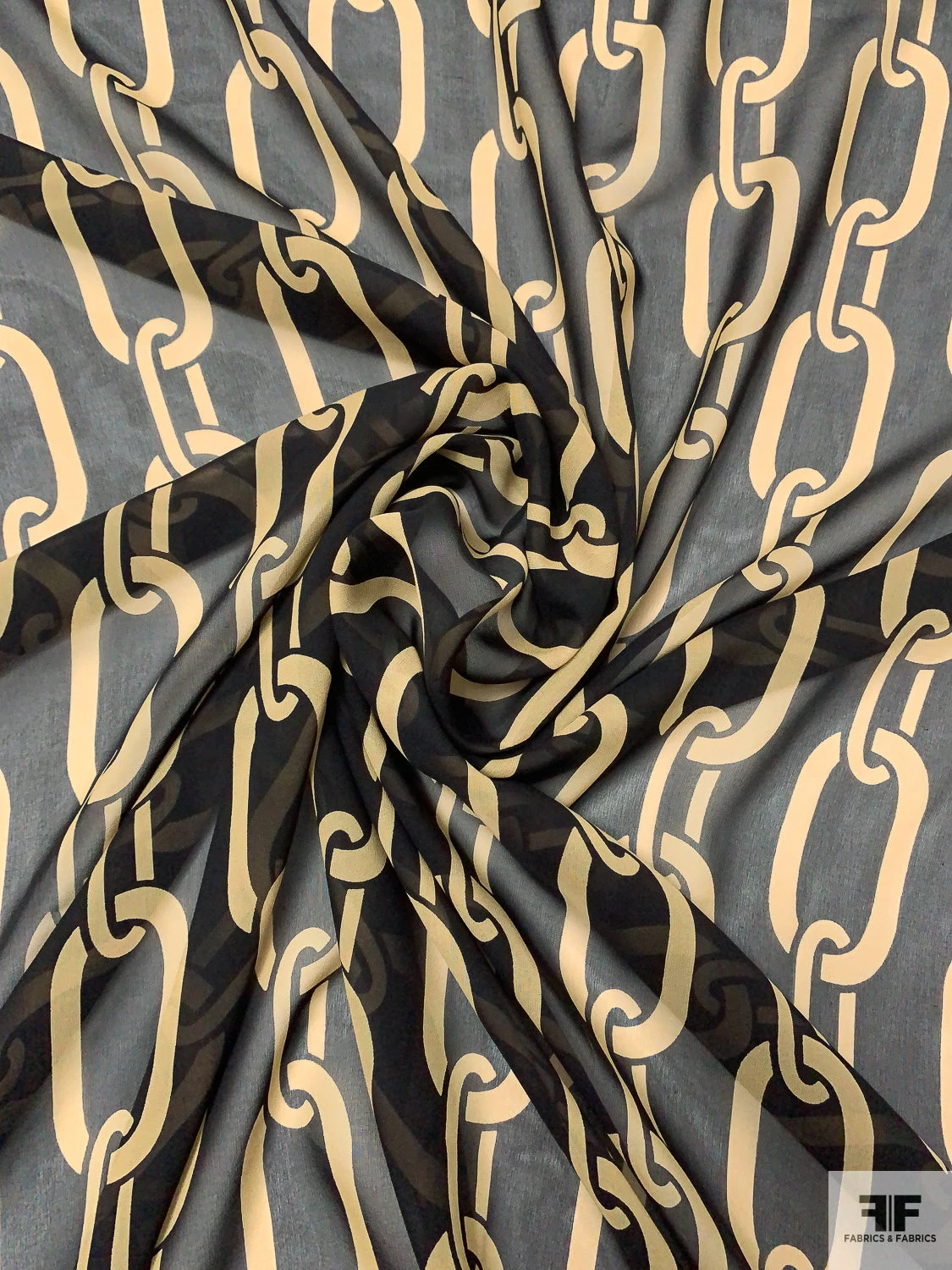 Large Chain Links Printed Silk Chiffon - Black / Khaki 3 Large Chain Links Printed Silk Chiffon - Black / Khaki