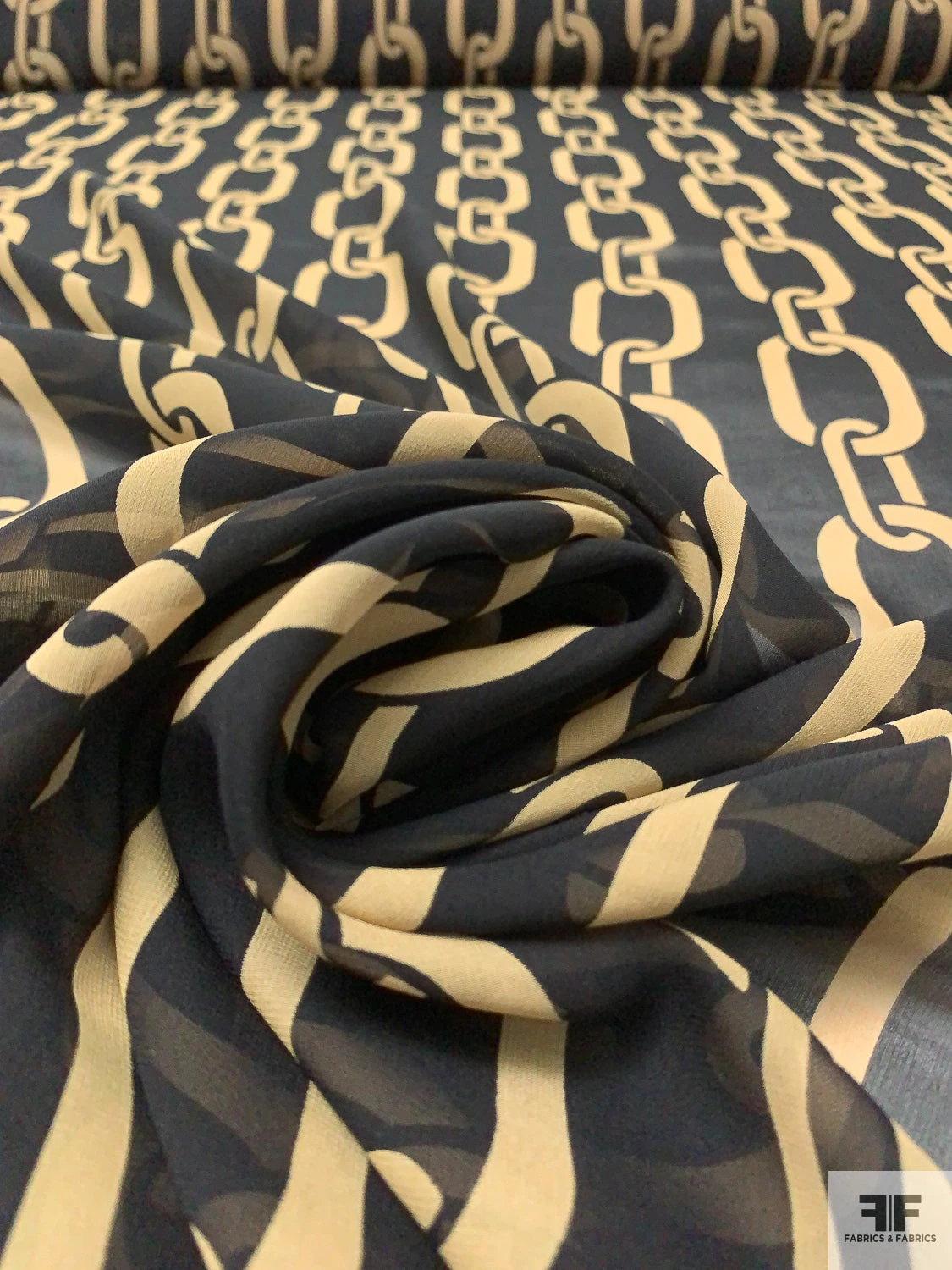 Large Chain Links Printed Silk Chiffon - Black / Khaki 4 Large Chain Links Printed Silk Chiffon - Black / Khaki - Image 2
