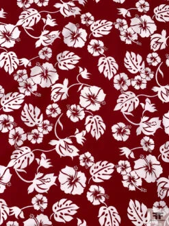 Leaf And Floral Printed Fine Cotton Twill - Dark Red / Off-White